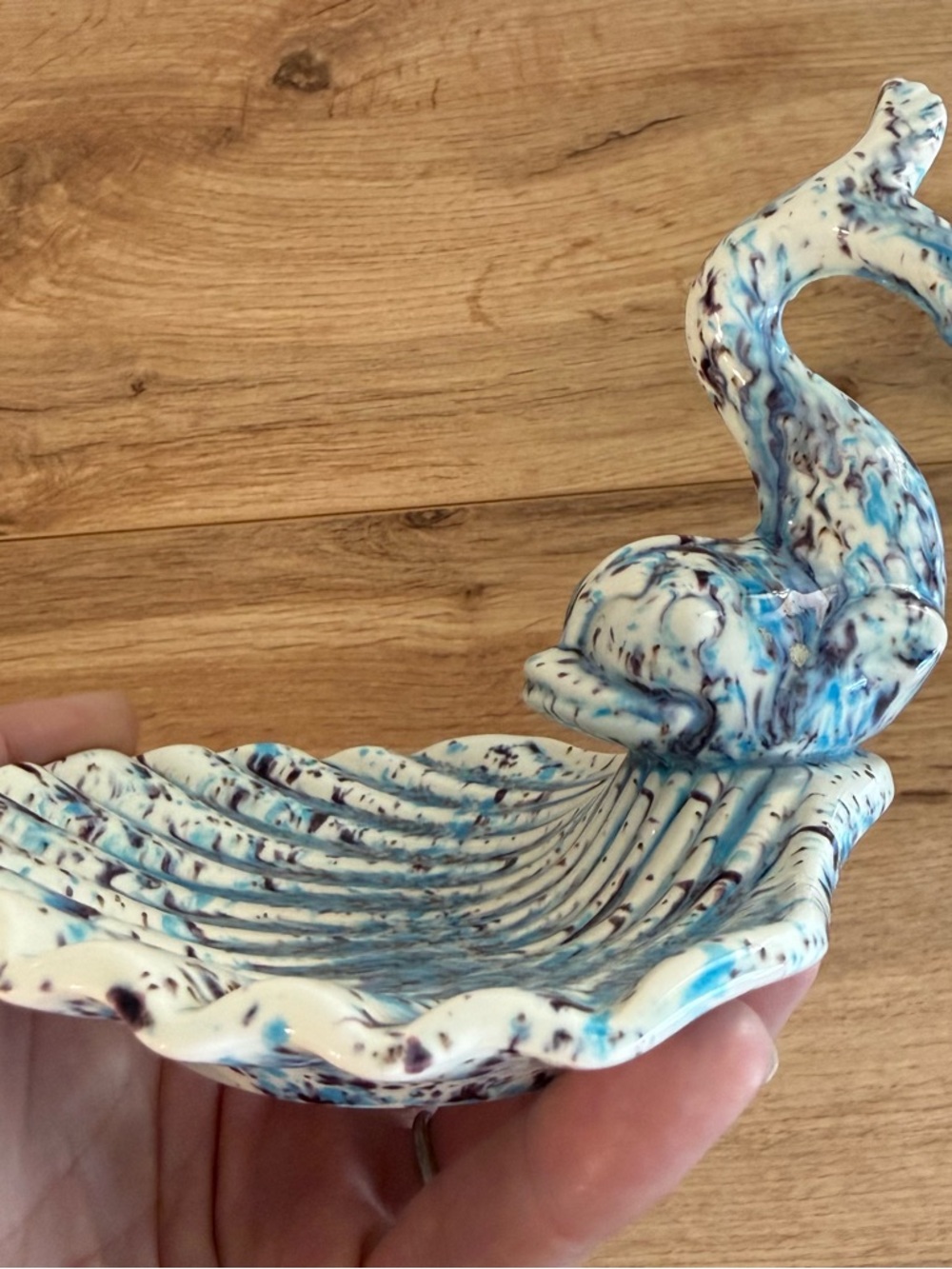 Vintage MCM Art Deco Shell Trinket  Soap Dish Fish Koi Blue Holland Mold 1970s
